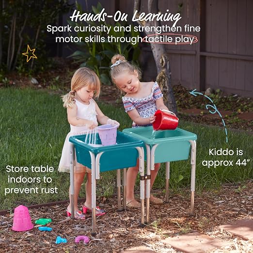 ECR4Kids 2-Station Sand and Water Adjustable Play Table, Sensory Bins, Seafoam/Turquoise | Durable plastic/steel, GREENGUARD Gold Certified, 3-5 years, 80 lb capacity, adjustable legs, easy-lift lids, indoor/outdoor