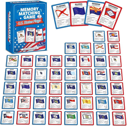 gisgfim 100 PCS Memory Matching Game Flags of U.S. States Concentration Memory Card Educational Cards Games Geography Learn States Capitals Game Gift for Kid Adults Learning Activities Matching Games