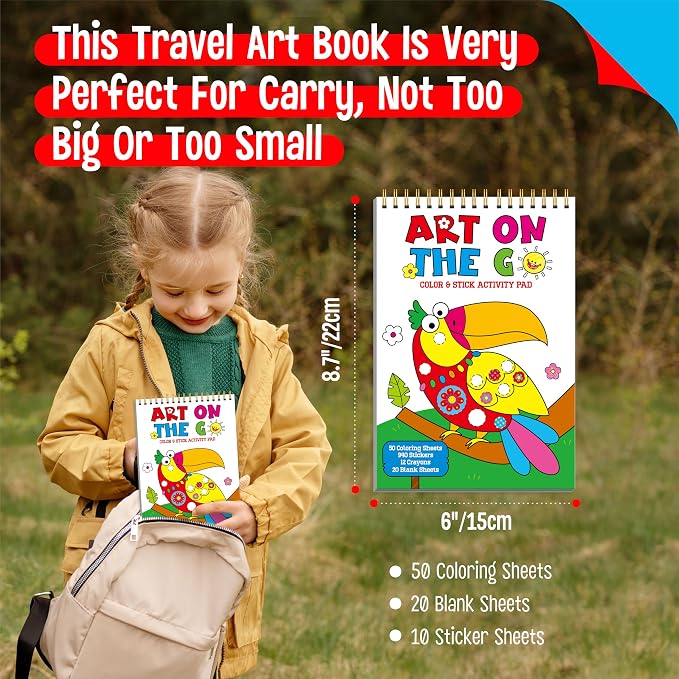 SpriteGru Road Trip Coloring Kit, 50 Coloring Pages with 940 Decorative Stickers & 12 Crayons, Mess-Free Travel Sticker Collage Activity DIY Dotty Animals Travel Art Craft Kit for Kids, Toddlers