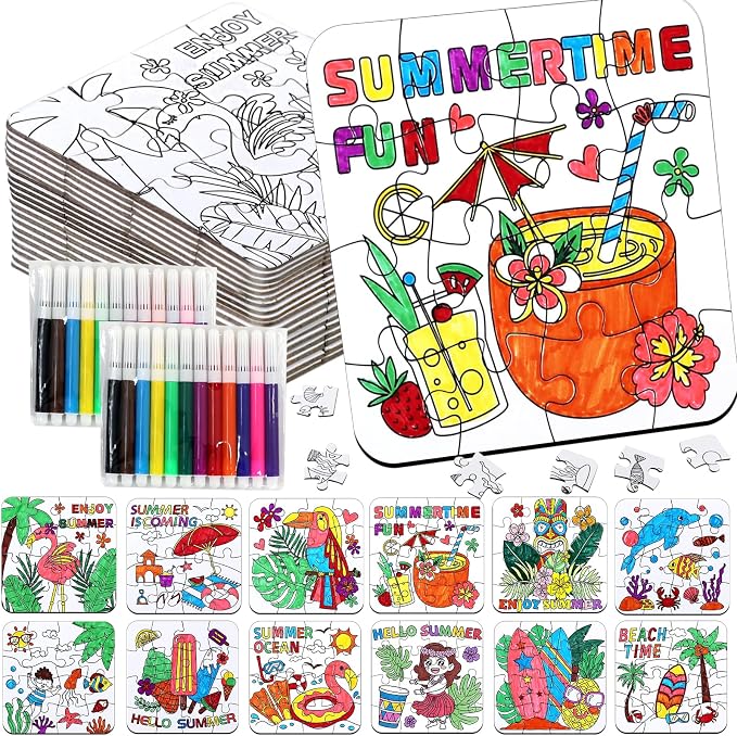 24 Set Summer Crafts for Kids Adults Bulk, Hawaiian Summer Activities DIY Puzzle Kit with Beach Tropical Palm Tree, Luau Ocean Theme Art Painting for Classroom Party Favors Gift Coloring Game Supplies