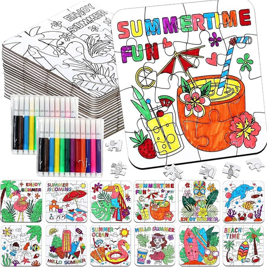24 Set Summer Crafts for Kids Adults Bulk, Hawaiian Summer Activities DIY Puzzle Kit with Beach Tropical Palm Tree, Luau Ocean Theme Art Painting for Classroom Party Favors Gift Coloring Game Supplies