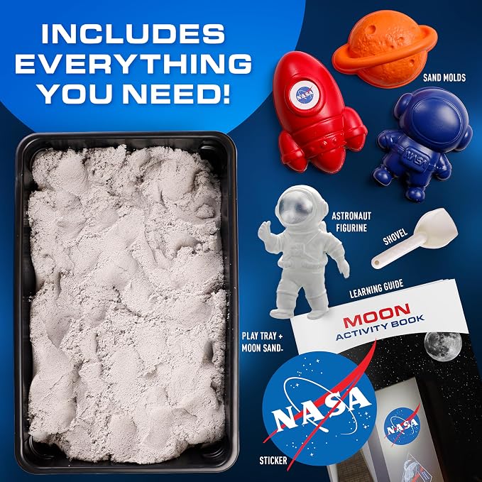 NASA Moon Sand Sensory Play Kit with Tray and Space Molds for Kids | 1.5 Lbs. of Moldable Sand, Space Molds, Astronaut Figure, Play Tray, Shovel, NASA Sticker, Sensory STEM Activity