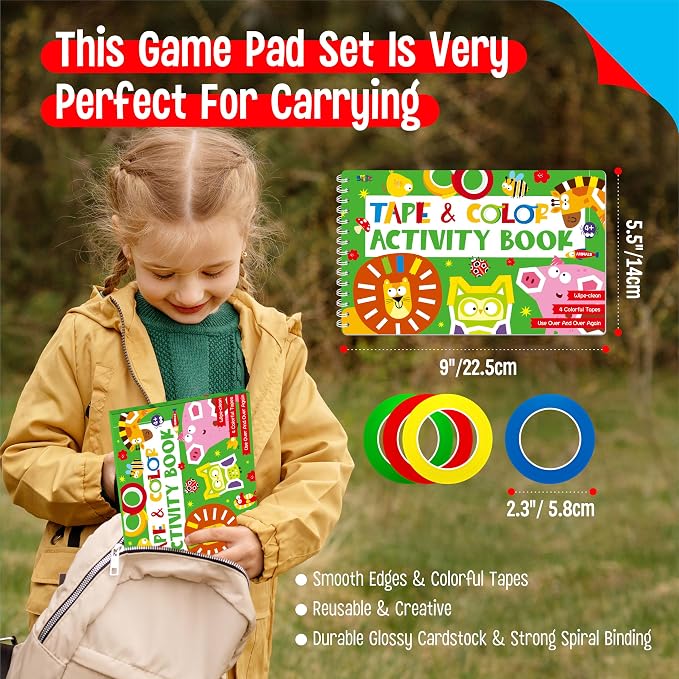 SpriteGru Tape Activity Book, 30 Dry Erase Scenes and 4 Colorful Tapes, Reusable & Erasable Pages and Easy-Tear Tapes, Fun and Creative Animal Theme Game Pad for Road Trip, Travel, At Home
