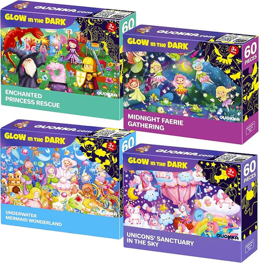 60 Piece Puzzles for Kids Ages 4-6 - 4 Unicorn Toddler Puzzles for Kids 4-8 | Glow in the Dark Puzzles with Mermaids and Fairy Tale - Fun Educational Toddler Game Toys Gift for Boys and Girls