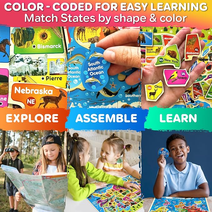 United States Puzzles for Kids Ages 4-6 - Wooden Toddlers Puzzles Ages 3-5 | USA Map Montessori Wood Educational Puzzles for Toddlers 2-4 - Realistic Geography Learning Kids Puzzles for Ages 6-8