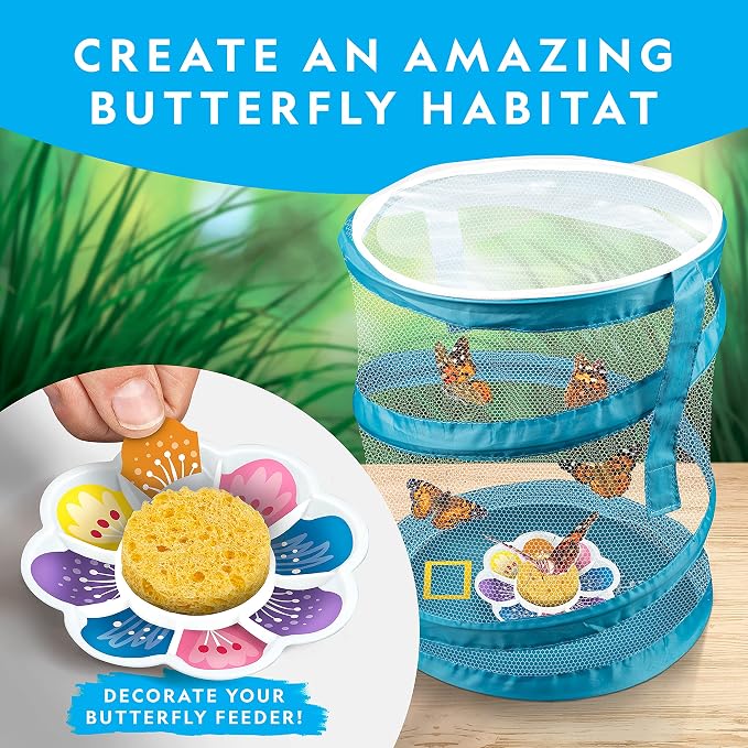 National Geographic Butterfly Growing and Bug Catcher Kit for Kids | Butterfly Habitat, Voucher for 5 Caterpillars, Magnified Bug Habitat, Catching Tools, Metamorphosis Science, Outdoor Learning