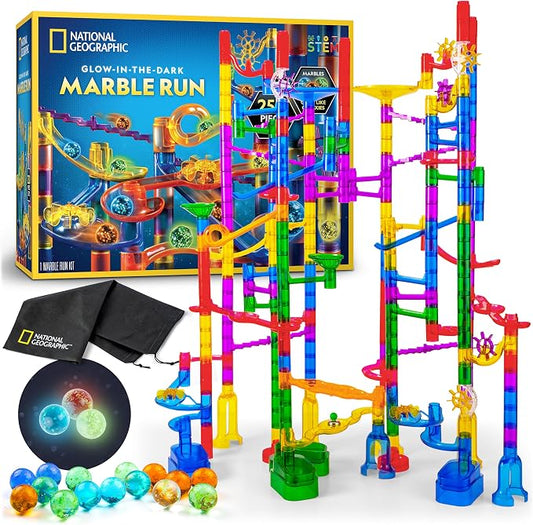 National Geographic Glow Marble Run 250-Piece Building Set for Kids | 50 Glow-in-the-Dark Glass Marbles, 135 Tubes, 55 Action Pieces, 10 Bases, Marble Maze, STEM Physics Toy, Storage Bag