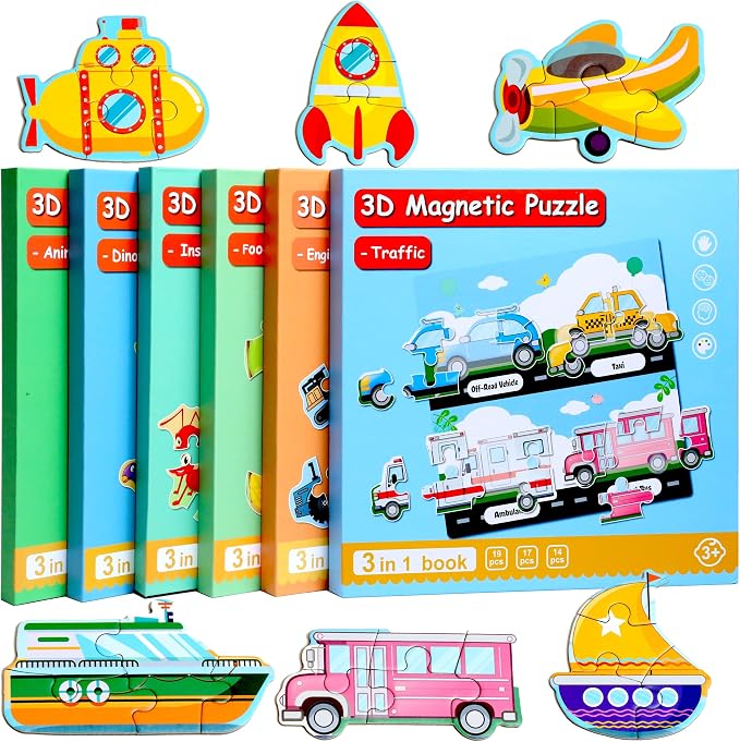 Magnetic Puzzles for Kids Ages 3-5, Travel Toddler Car Puzzle Toy | Refrigerator Magnet Game for Ages 4-6, Learning & Birthday Gift for Boys, Car Airplane Road Trip Quiet-Time Activity Toys