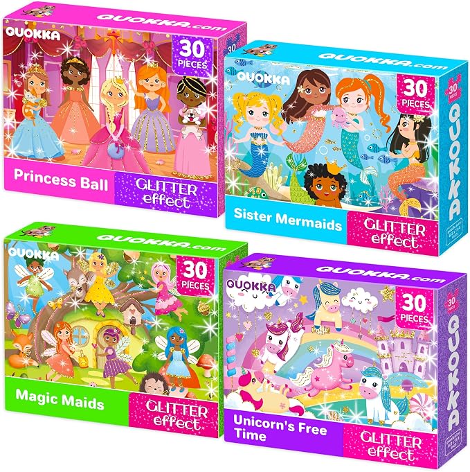 30 Piece Puzzles for Kids 3-5 - 4 Jigsaw Shimmer Toddlers Puzzles Ages 4-6 | Fairy Tale Set with Princess Unicorns Puzzles for Kids Ages 4-6 Years - Gift for Children