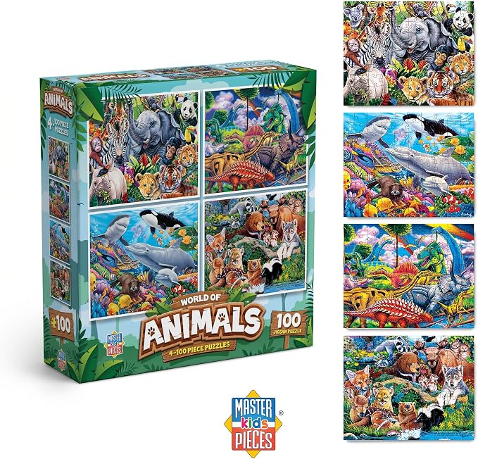 MasterPieces Jigsaw Puzzle Set for Kids, 4-Pack of 100 Piece Puzzles, Educational Animal Theme, Fun Game, Gift Idea, 8" x 10"