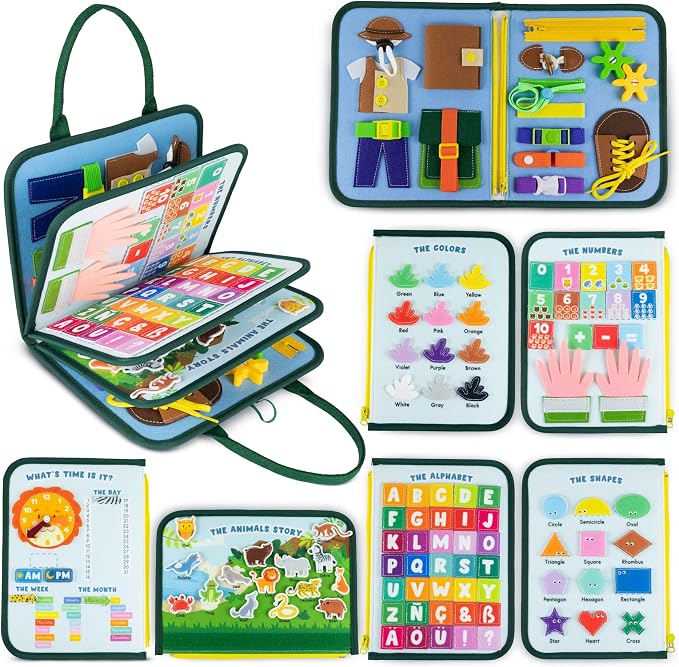 BONNYCO Busy Board for 1 Year Old Animals. Montessori Busy Book for Toddlers 1-3 2-4, Felt Quiet Book Baby. Montessori Toys, Toddler Learning Toys for Travel, Airplane, Car. Educational Activity Board