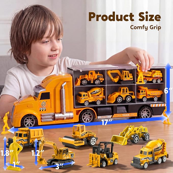 JOYIN 25-in-1 Construction Truck Toy Set with 12 Vehicles & 12 Worker Figures, Push and Go Toy Trucks with Sound and Light, Construction Toys Birthday Gifts for Kids 3 4 5 6 7 Years Old