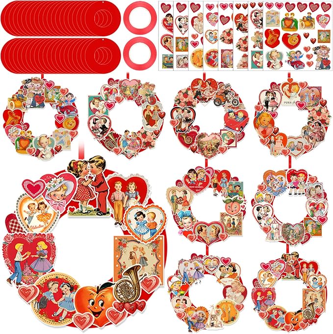 Hollowfly 48 Sets Vintage Valentine DIY Wreath Craft Kit for Kids Classroom