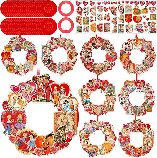 Hollowfly 48 Sets Vintage Valentine DIY Wreath Craft Kit for Kids Classroom