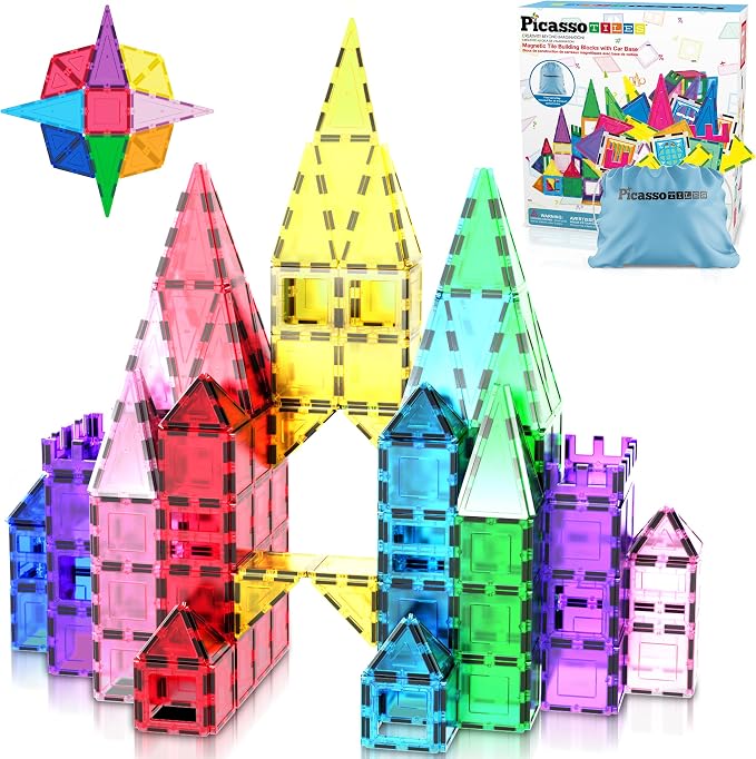 PicassoTiles Magnet Tile Building Blocks with Car Base Drawstring Storage Travel Bag Carry Case Magnetic Tiles Construction Toy STEM Learning Educational Kit Sensory Playset Preschool Kids 3+
