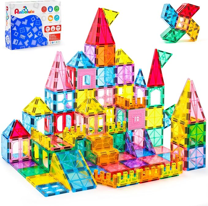 Anbalulu 182PCS Magnetic Tiles, Large Castle Building Blocks for Kids | Supersized STEM Construction Set, Strong Magnets, Toddler Safe, Clear Rainbow Colors for Giant Creative Builds