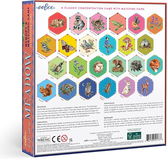 eeBoo Life in a Meadow Memory & Matching Game, Ages 3+, 1-4 Players | Introduces woodland flora & fauna. Sharpens recognition, concentration & memory skills. Includes 48 hexagonal tiles, 24 pairs