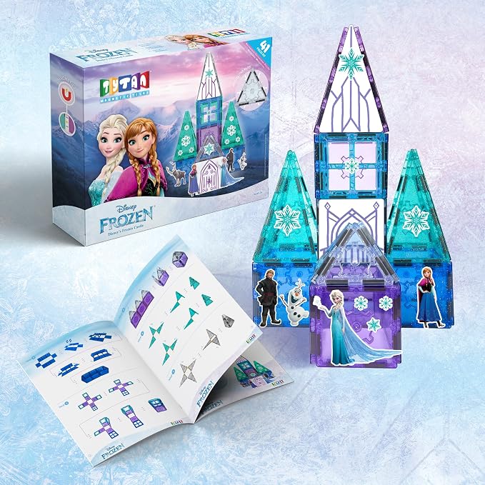 Tytan Toys Disney Frozen Magnetic Tiles Princess Castle - 41-Piece STEAM Building Set with Glitter Tiles & Elsa, Anna, Olaf Stickers - Educational Frozen Toys for Girls Age 3-4+
