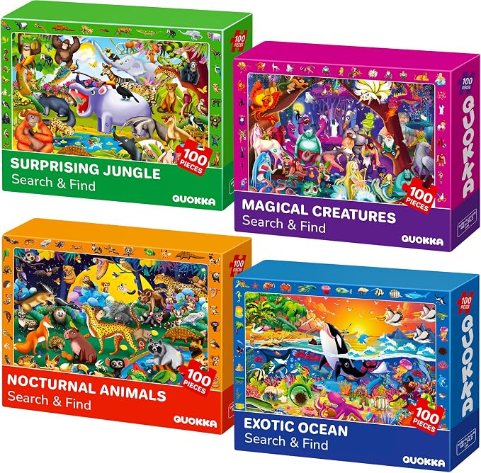 100 Piece Puzzles for Kids Ages 4-6 - 4 Jigsaw Kids Puzzles Ages 4-8 | Search and Find Observational Nocturnal Life - Educational Kids Puzzles Ages 8-10 - Learning Toys for Children 5-8