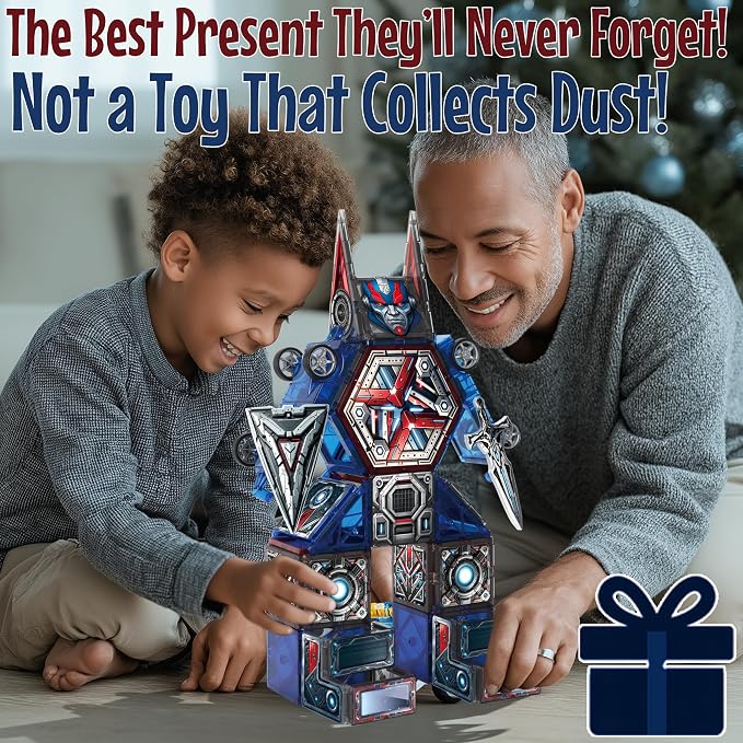Little Pi Transformer Toys MegaBots Magnetic Tiles, Transforming Robot Toy | Durable ABS plastic, STEM engineering, sword & shield, screen-free kids gift ages 3 4 5 6, builds vehicles bases towers scene
