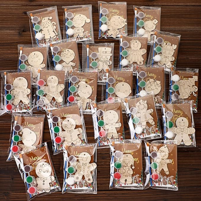 Saypacck 24 Pcs Gingerbread Man Party Favors Wooden Paint Craft Kits | Christmas Gingerbread Man Ornamnet For KidsParties, Brush and Paints Included, Goodie Bag Fillers Gifts