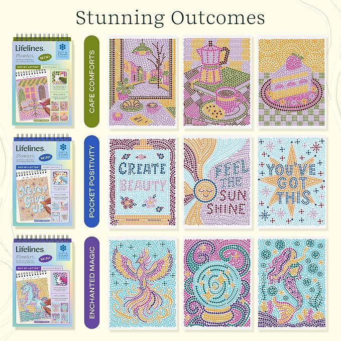 Lifelines FlowArt Mini Activity Pads, 6-Pack, Dot-by-Letter Coloring Books | 30 Markers & 120 Scenes - Guided Art Meditations for Tweens, Adults & Seniors - Dot-by-Letter - Patent-Pending