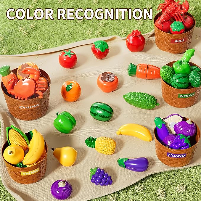 NIPLOOOW Play Food Set for Kids, Toddler Learning Toys, Cutting Food Toy Color Sorting Set, Pretend Food Play Kitchen Accessories for Kids, Birthday Gifts for 3-8 Years old Boys Girls Educational Toys