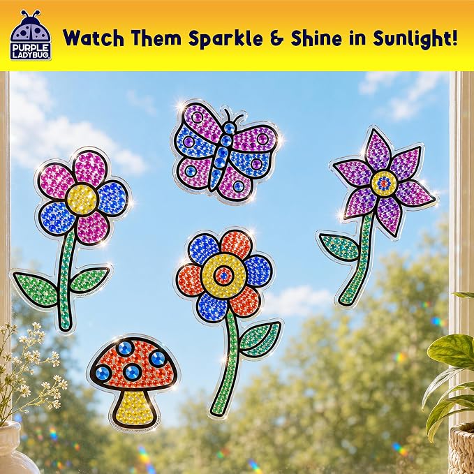 SunGemmers Suncatcher Kit for Kids, Mess-Free Crafts for Kids Ages 4-8 | 5 Designs, Hundreds of Peel & Stick Colorful Gems, Hand-Eye Coordination, Screen-Free Activity, 5 Year Old Girl Birthday Gift