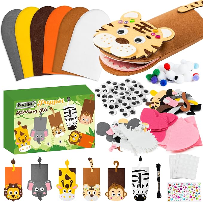 WATINC Hand Puppet Making Kit, Felt Sock Puppet Toys for Kids (Wild A) | 6 Styles, Make Your Own Storytelling & Role Play Crafts, Creative Group Activity, Party Favors & Gifts for Kids Ages 4-8
