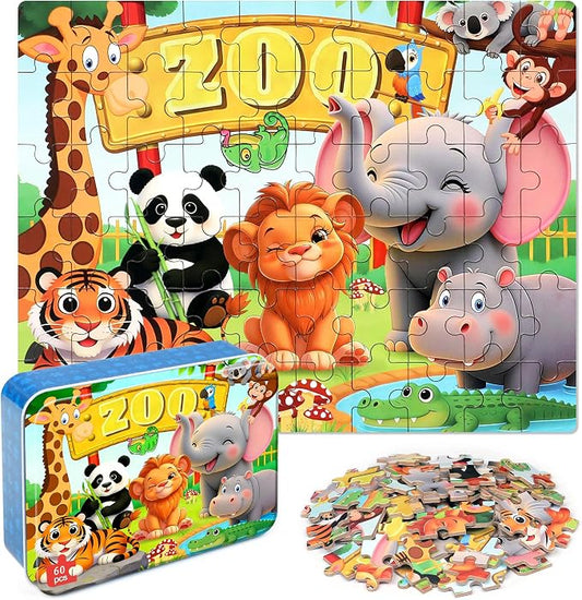 LELEMON Puzzles for Kids Ages 4-6,Zoo 60 Piece Puzzles for Kids Ages 6-8 in a Metal Box,Children Jigsaw Puzzles Kids Puzzles,Educational Learning Puzzle Toys for Girls and Boys