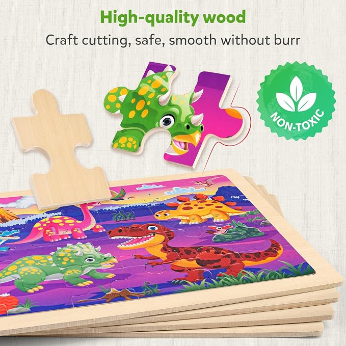 SYNARRY Large Dinosaur Wooden Puzzles for Kids Ages 4-6, 4-in-1 Gift Set | Dinosaur Puzzles for Toddlers & Kids Ages 3-5, Birthday Gifts for Boys & Girls, Educational Dinosaur Toys, Screen-Free Play