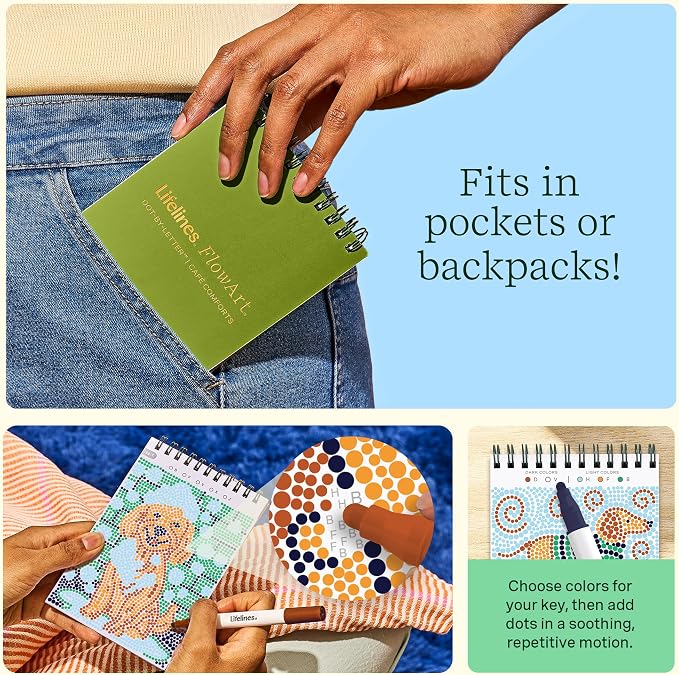Lifelines FlowArt Mini Activity Pads, 3-Pack, Dot-by-Letter Coloring Books | 15 Markers & 60 Scenes - Guided Art Meditations for Tweens, Adults & Seniors - Dot-by-Letter - Patent-Pending