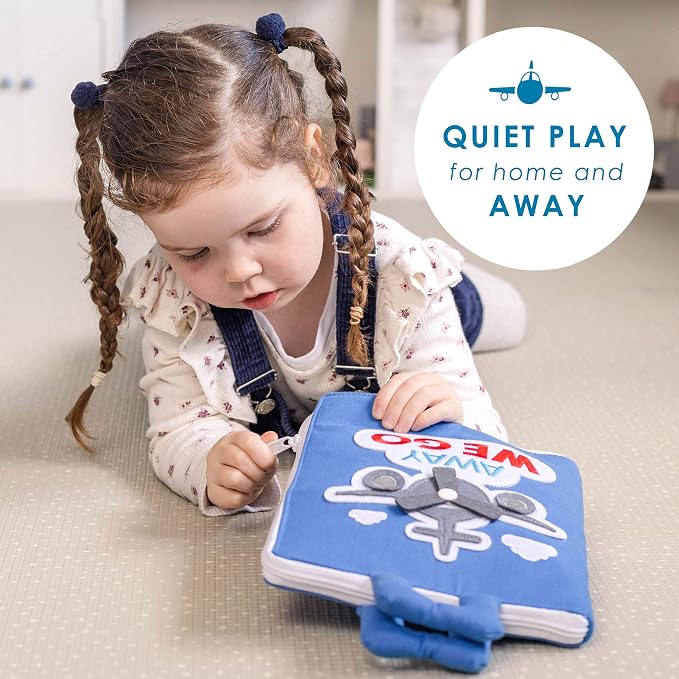 Curious Columbus Away We Go Busy Book, Fabric Travel Activity Quiet Book | 10 Colorful Vacation-Themed Pages, Motor Skill Activities, Sewn-In and Removable Pieces, 3D Pop-Ups, Airplane Travel Toy