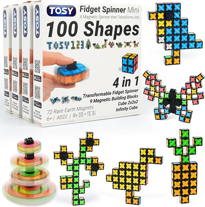TOSY Magnet Fidget Spinner Mini - 8 Blocks, 3 in 1 Toy: Transformable Fidget Spinner, Infinity Cube, 2x2 Puzzle Cube, Stress Relief, STEM Magnet Tiles Birthday Gift for Kids/Boys/Girls/Adults, 4-Pack