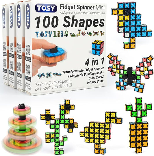 TOSY Magnet Fidget Spinner Mini - 8 Blocks, 3 in 1 Toy: Transformable Fidget Spinner, Infinity Cube, 2x2 Puzzle Cube, Stress Relief, STEM Magnet Tiles Birthday Gift for Kids/Boys/Girls/Adults, 4-Pack