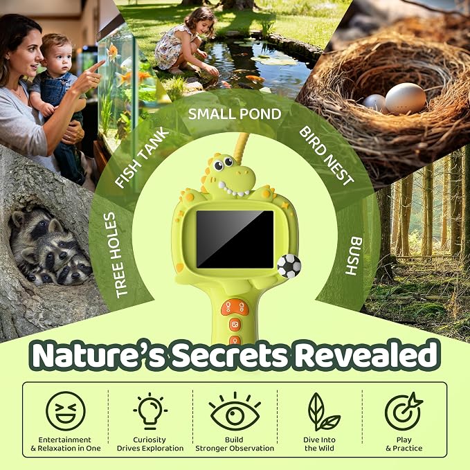 Kids Dinosaur Borescope Snake Camera with Light | 2.4" IPS HD Screen, Photo Video Capture, Waterproof Tube, Camping Outdoor STEM Toy Gift for 5 Year Old Boys Girls Ages 4-10