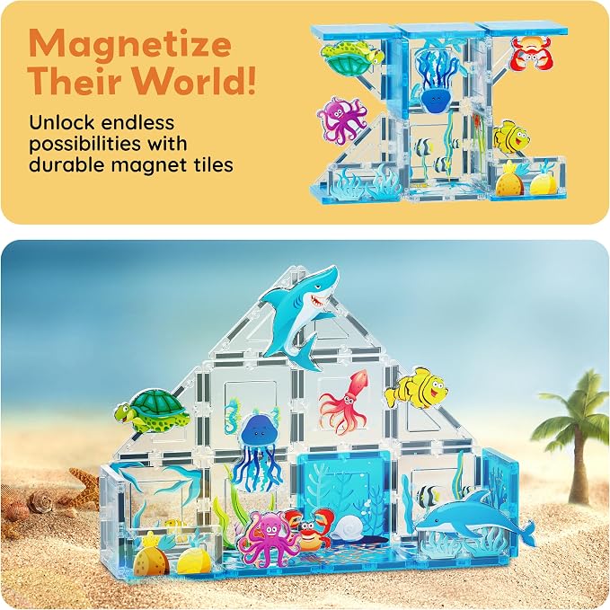 PicassoTiles 26 Piece Magnetic Tiles, Ocean Marine World STEM Set Ages 3+ | Eight sea creature figures, vivid printed designs, screen-free imaginative play, hands-on early learning fun for curious kids