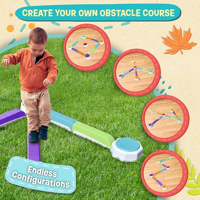 Acorn Avenue Balance Beam & Stepping Stones 13 Pc - Sensory - Toddler | Plastic Build, 5 Textured Platforms, 8 Color Blocks, 20 x 11 x 11 in, Up To 110 lb, Ages 2-12y, Indoor Outdoor Play