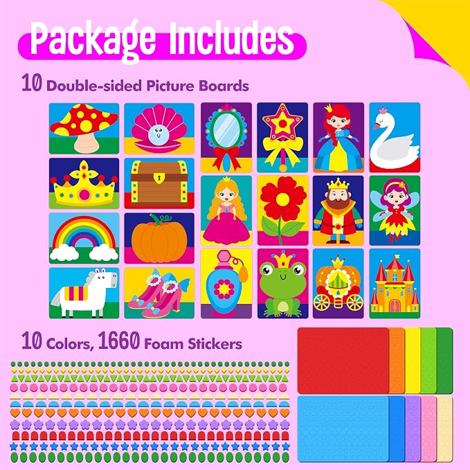 SpriteGru Foam Sticker Art Activity, 10 Princess & Castle Art Board with 1660 Foam Stickers in 10 Colors, Funny DIY Activity Creative Craft Kits Travel Game for Kids, Boys & Girls