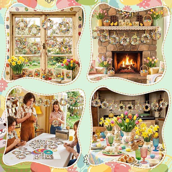Hollowfly 48 Sets Easter Wreath Craft Kits, DIY Spring Bunny Paper Crafts | Includes Stickers and Ribbons, Easter Family Activity, Spring Party Wall Door Hanging Decor, School Crafts