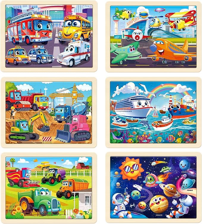 Puzzles for Kids Ages 4-6, 6-Pack 30-Piece Wooden Kids Puzzles | Vehicle Adventure Themes | Educational Puzzles for Kids Ages 3-5, Age-Appropriate Learning Toys, Ages 3+
