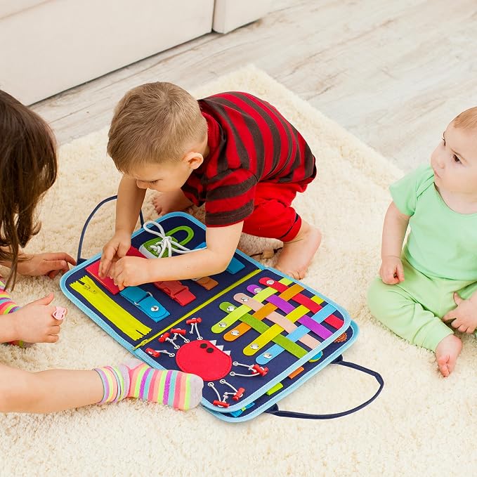 Busy Book for Toddlers, Montessori Felt Quiet Book Travel. Ages 3+ | Soft felted wool, securely stitched with no loose pieces. Buttons, zippers and abacus build fine motor skills.