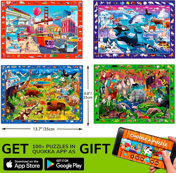 Jigsaw Puzzles for Kids Ages 4-6 - 4 x 60 Piece Kids Puzzles Ages 5-8 | Search and Find Puzzles for Kids Ages 6-8 - Toddlers Puzzles Ages 3-5 Year Old - Forest, Polar, Usa Park and City Animal