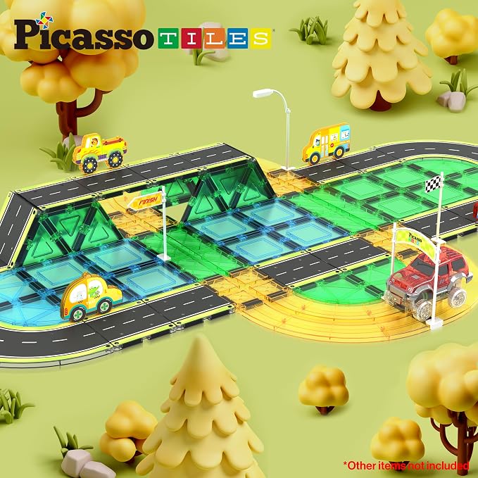 PicassoTiles Magnetic Building Tiles Car Track Magnet Vehicle Adventure Theme Printed Street Road Runway Speedway Highway Block Construction Expansion Add-on Education Learning Toys for Kids 3+ PTE16