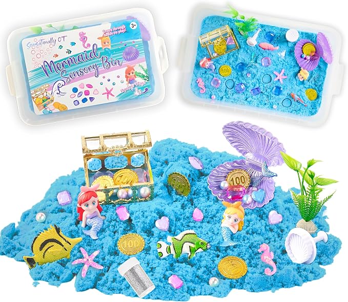 38 PCS Mermaid Sensory Bin with 2 lb Magic Sand, Ocean Molds & Treasure Accessories – Creative Sand Play Gift for Girls Ages 3–8