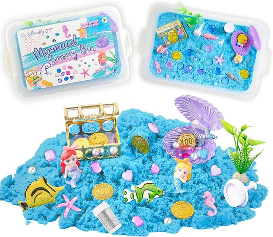 38 PCS Mermaid Sensory Bin with 2 lb Magic Sand, Ocean Molds & Treasure Accessories – Creative Sand Play Gift for Girls Ages 3–8