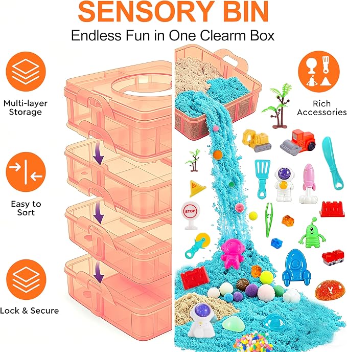 AGENTLAN Stackable Sensory Bin, Construction & Space Sensory Sand Play Set | Construction and space themes play sand kit, gift for toddlers, boys and girls ages 3+