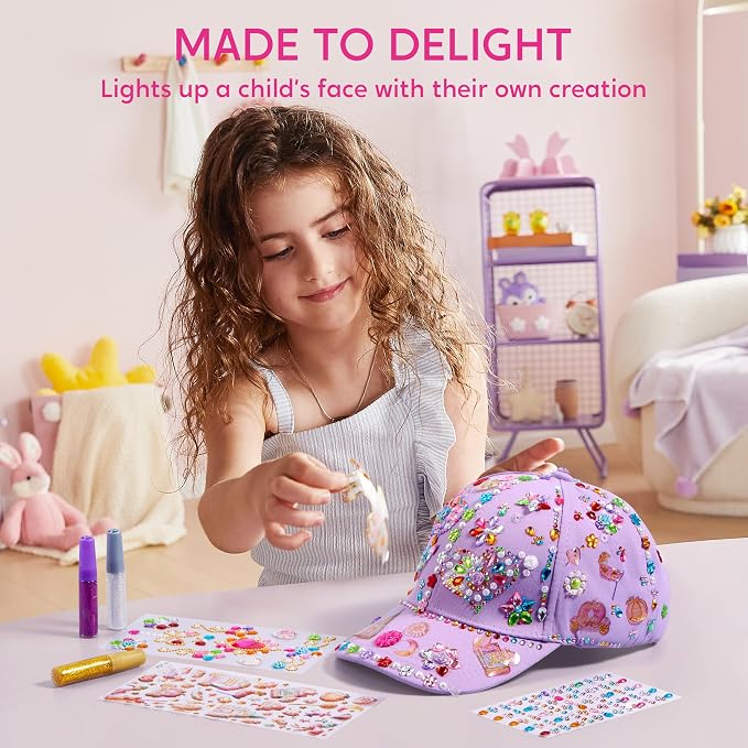 Klever Kits Gem Hat Kit for Girls, Decorate Your Own Baseball Cap with Gems Stickers, DIY Craft Kits for Kids Girls Toys Age 6-8