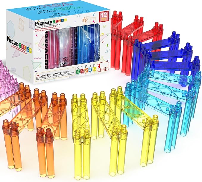 12 Piece Support Column Expansion Supporting Pack for Magnetic Race CarTrack Magnet Tile Building Block Construction Kit Education Toy Boys Girls STEM Puzzle Toy Kids Boy Girl Toddler 3+ PicassoTiles | Adds instant height, simple stack-and-play design,...
