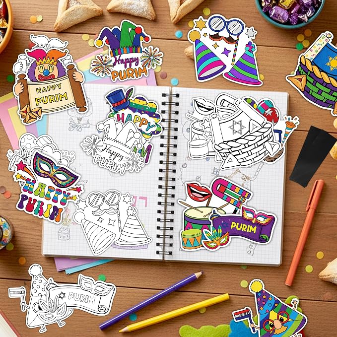 Purim Coloring Craft Kit - 30Pcs Happy Purim Color Your Own Magnets for Kids Blank DIY Coloring Fridge Magnets for Jewish Purim Carnival Holiday Party Supplies School Classroom Activities Decor